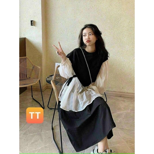 Váy Style Hàn Quốc Cực Xinh, Váy Babydoll Kiểu Dáng Tiểu Thư, Phối 2 Màu Đen Trắng Tay Ôm Vải Voan Mát Dễ Chịu.1399
