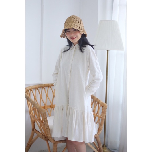 Đầm sơ mi linen babydoll trắng/hồng
