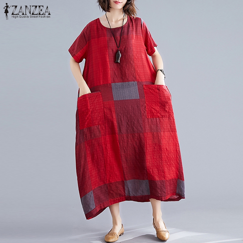 Đầm Maxi ZANZEA Tay Ngắn Họa Tiết Caro Cổ Điển Đơn Giản Cho Nữ