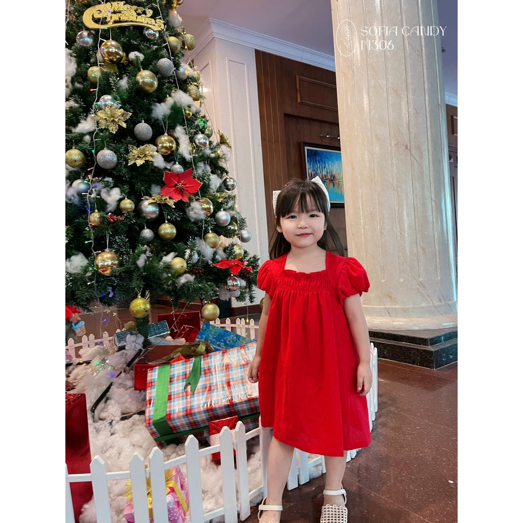 Váy Linen Đũi Babydoll Màu Đỏ Tay Bồng 2 Lớp, Cổ Smock Nút Lưng Đẹp Tuyệt