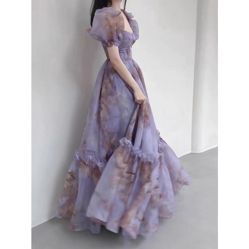 Đầm in hoa tím dài dáng ôm hở lưng thời trang hè thời trang retro Pháp cho nữ