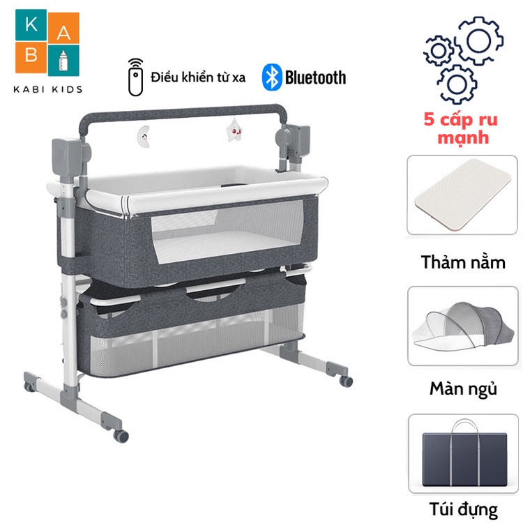 Cũi kề giường đa năng, nôi điện cho bé BABY BED đung đưa 5 cấp độ, nâng hạ 2 mức, nhạc BLUETOOTH điều khiển từ xa