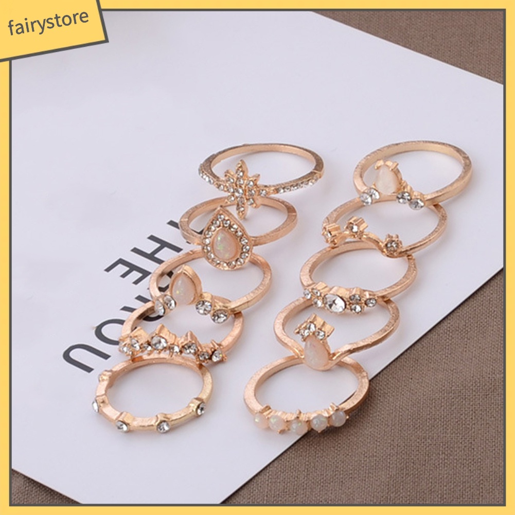 Set 10 Nhẫn Đeo Đốt Ngón Tay Đính Đá Opal Nhân Tạo Thời Trang