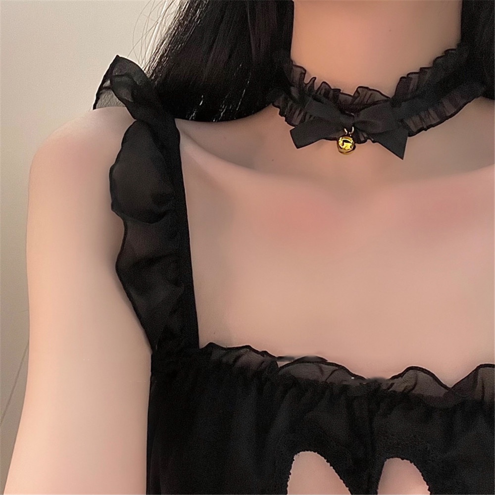 Vòng Cổ Choker Vải Ren Màu Đen Đính Nơ Tai Mèo Phong Cách Cổ Điển