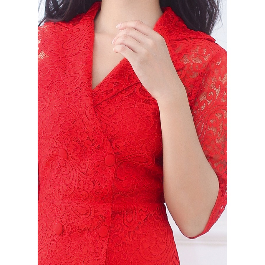 GOTI - Hình Thật - Đầm Ôm Công Sở Nữ Kiểu Ren Cổ Bẻ Phối Nút Tay Lỡ Màu Đỏ 3037