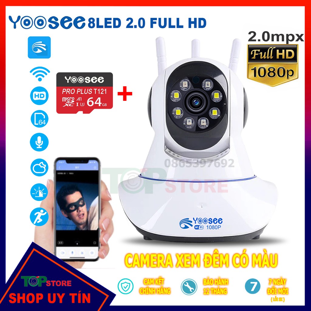 Camera Yoosee Mẫu Mới 8 LED 2.0Mp 1080P - Xem Đêm Có Màu ,Kèm Thẻ Nhớ Chuyên Dụng