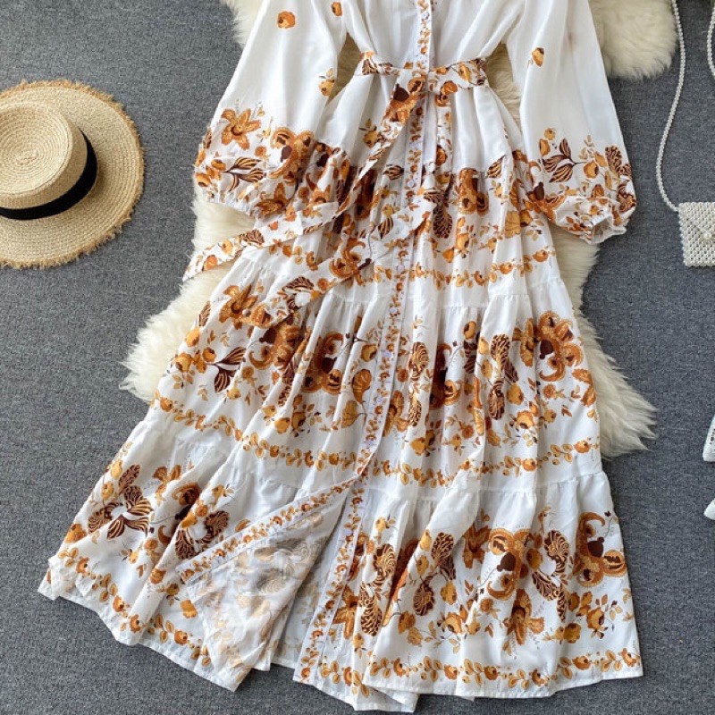 [HÀNG ORDER] Đầm maxi hoa văn style boho tay dài bồng cổ v tiểu thư Quảng Châu