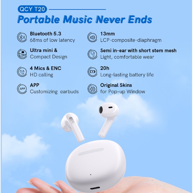 Tai Nghe Bluetooth Không Dây QCY T20 5.3 68ms 13mm Driver HIFI 4 Mic Kèm Phụ Kiện