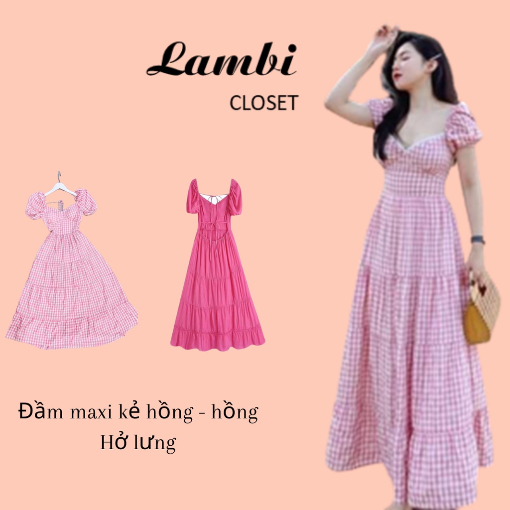 Đầm maxi hồng cánh tiên - kẻ hồng dáng dài 120cm hở lưng