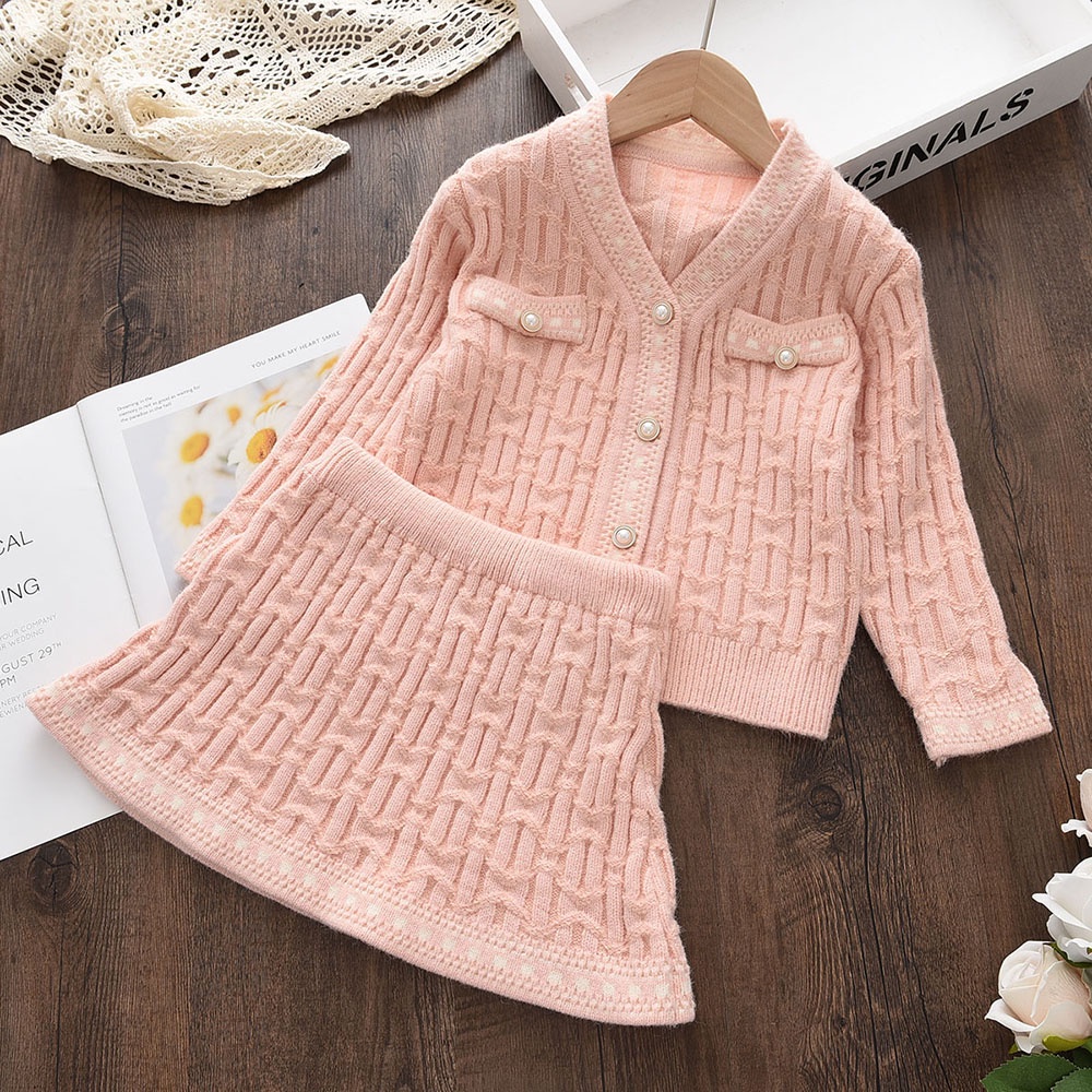 Set trang phục BEAR LEADER áo cardigan tay dài chân váy ngắn len màu trơn thời trang thu đông mới cho bé gái 2-6 tuổi