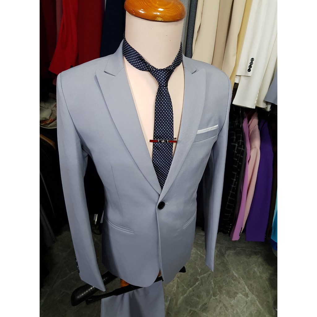 Bộ vest nam form ôm body 1 nút màu xám ghi chất liệu vải dày mịn +cà vạt kẹp