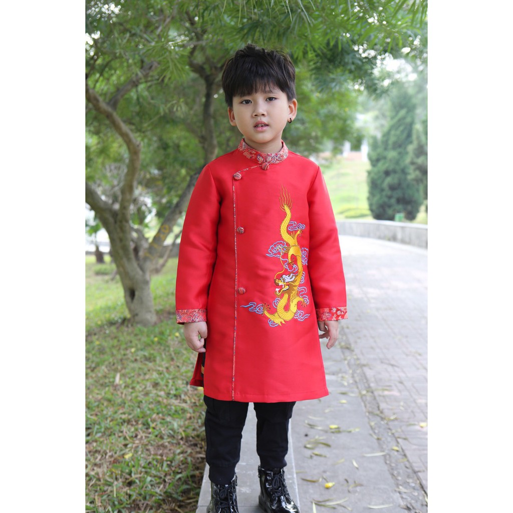 Áo dài bé trai thêu rồng gấm Hàn Quốc hàng thiết kế sz 8-35ki