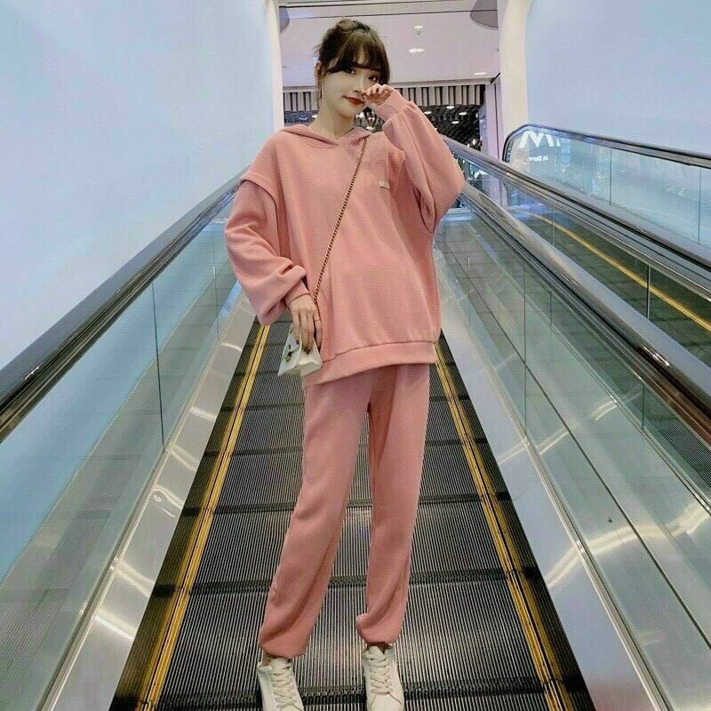 Bộ Bầu Nỉ da cá ,dáng thể thao có mũ ,có chun chỉnh bụng,freeisze 43-68kg