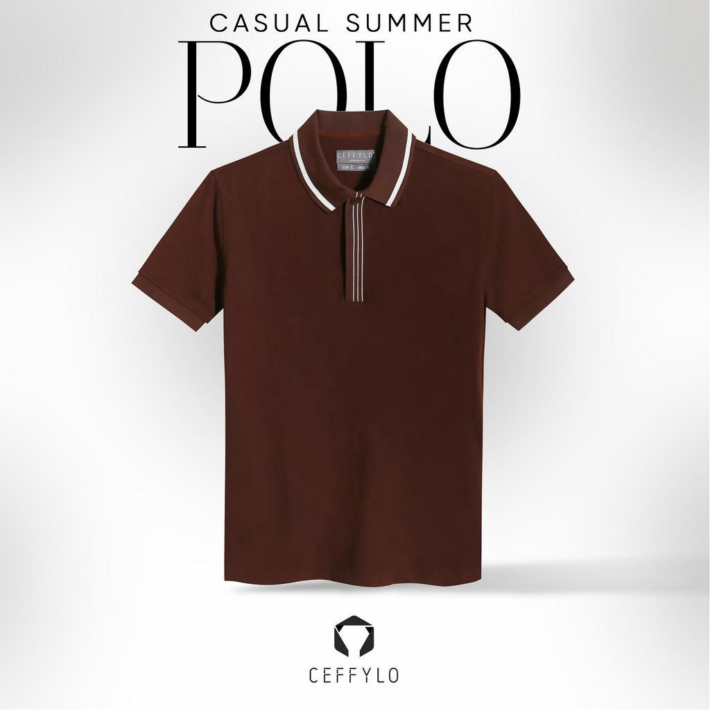 Áo Polo Nam Phối Nẹp Kẻ 3 Sọc Ceffylo Màu Nâu Chất Liệu Cotton Thoáng mát Hạn Chế Nhăn Co Dãn Tốt Thời Trang Nam
