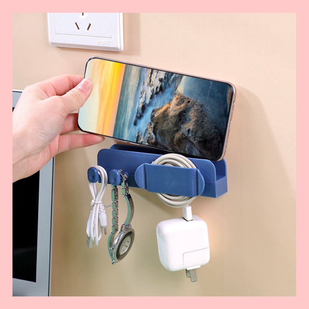 Thanh Giá Đỡ Dán Tường Để Sạc Điện Thoại, Remote, Ổ Cắm/ Kệ Đựng Đồ Dán Tường Kèm 2 Móc Treo Đồ