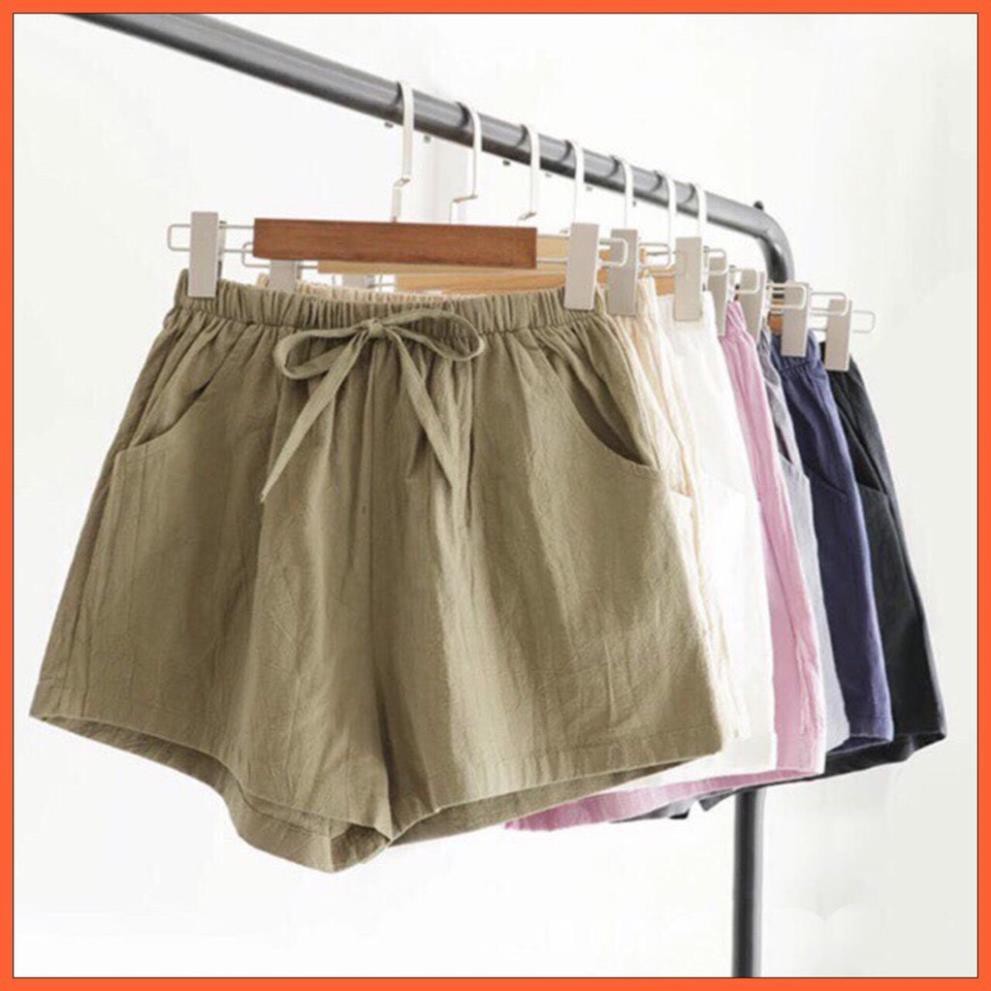 Quần short nữ siêu mát cạp chun chất đũi nhẹ mát thời trang Banamo Fashion quần sooc đũi nơ 623