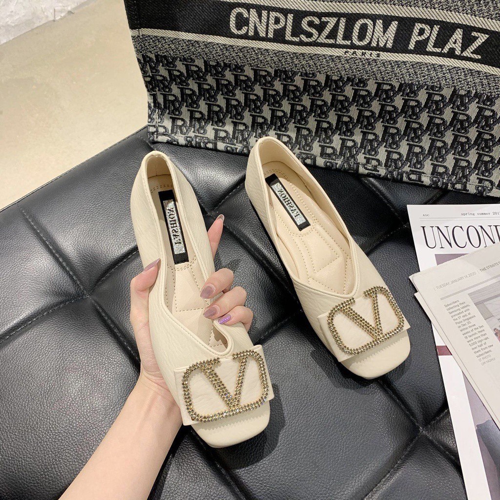 Giày búp bê bằng da mềm mũi vuông miệng nông thiết kế độc đáo phong cách sang trọng cho nữ