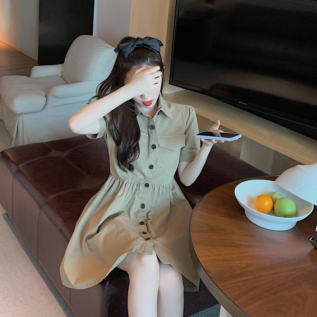 Váy đầm hai màu đen be nâu dài tay dáng xòe cực xinh phong cách Hàn Quốc QĐ