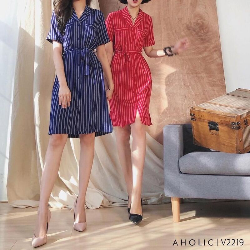 Đầm sơ mi chất mềm mát kẻ 2 màu Aholic V2219