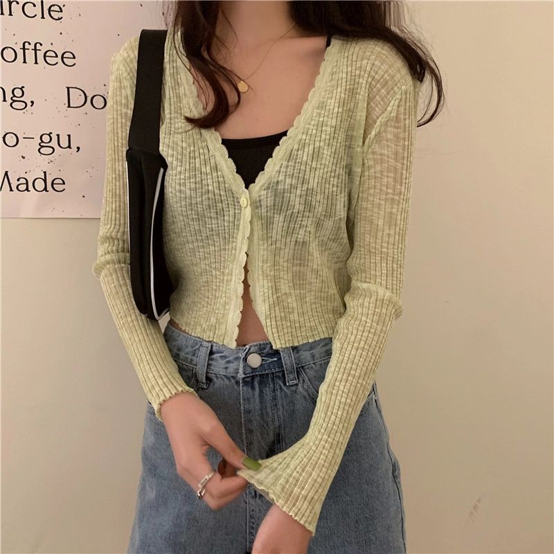 Áo khoác Cardigan len dệt kim mỏng dáng croptop cổ chữ V siêu xinh cho nàng