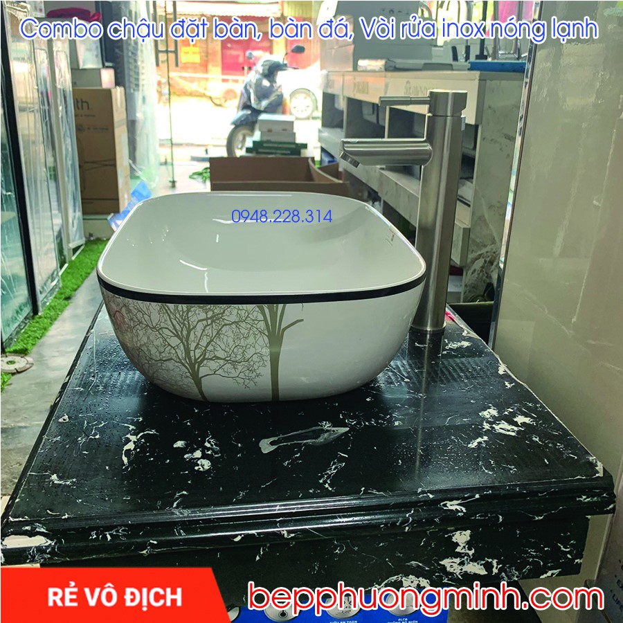 Bộ chậu rửa đặt bàn, bàn đá, vòi lavabo cao sus304 cao cấp
