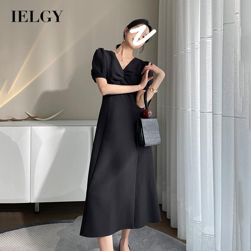 Đầm IELGY cổ chữ v tay ngắn màu trơn phong cách thanh lịch cho nữ