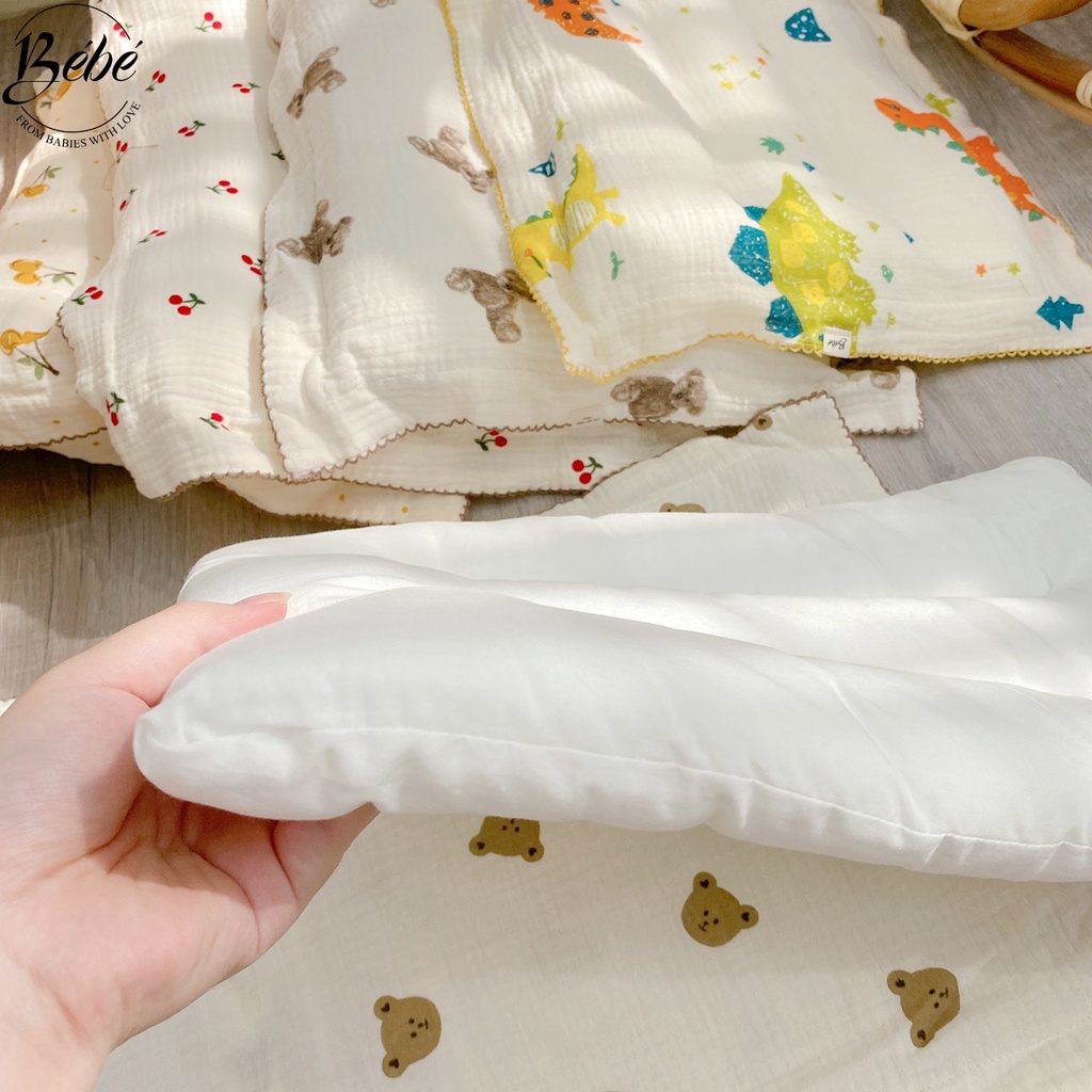 Gối Bông BéBé Chất Xô Muslin Thoáng Mát, Ruột Bông Mềm Mại Êm Ái Cho Bé Trên 6 Tháng