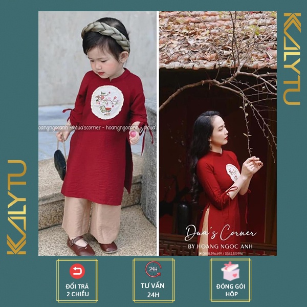 Áo dài mẹ và bé gái, set áo dài cách tân đỏ mặc tết 2 tà kèm quần - KALYTU