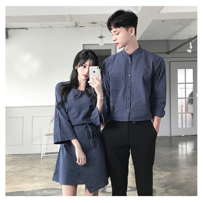 Áo đôi áo cặp 🎀FREESHIP🎀 Set váy áo sơ mi đôi sọc nam nữ chất đẹp màu kem AV174 (có ảnh thật) AMZ