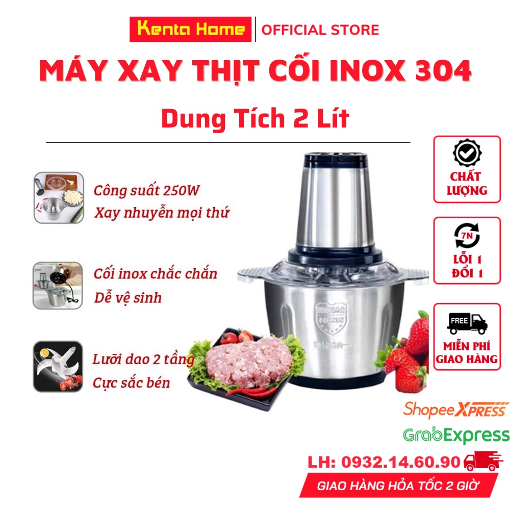 Máy xay thịt đa năng cối Inox 304 dung tích 2L, 4 Lưỡi Dao Thép Không Gỉ, Xay Rau Củ Thịt Cá Tiện Lợi - Bảo Hành 6 Tháng