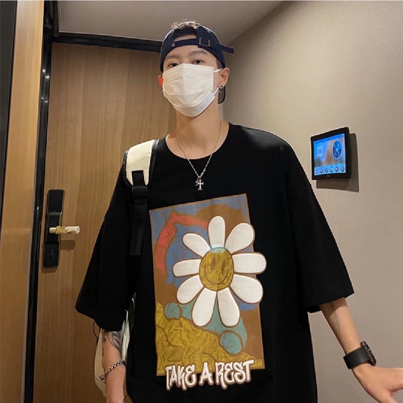 Áo Thun Nam Dáng Rộng In Họa Tiết Hoa Phong Cách Hàn Quốc Thời Trang
