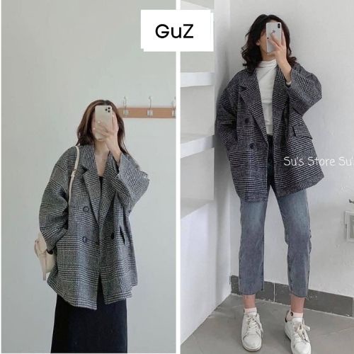 Áo khoác dạ tay dài form rộng kẻ 4 cúc sang trọng vải dạ dày mịn kiểu dáng hàn quốc dễ phối đồ GUZ
