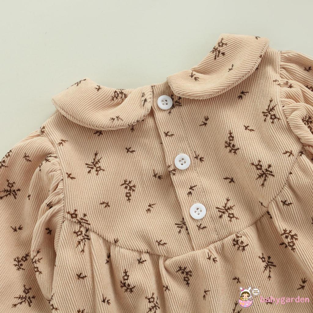 Áo liền quần tay dài giữ ấm cổ búp bê tròn in hoa bằng nhung kẻ có nút cài cho bé gái