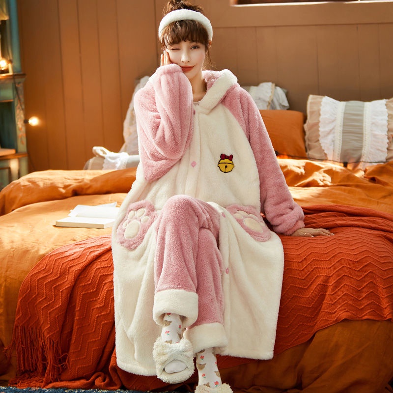 Bộ Đồ Ngủ Tay Dài Chất Nỉ Dày Dặn Thời Trang Thu Đông Dễ Thương Cho Nữ | BigBuy360 - bigbuy360.vn