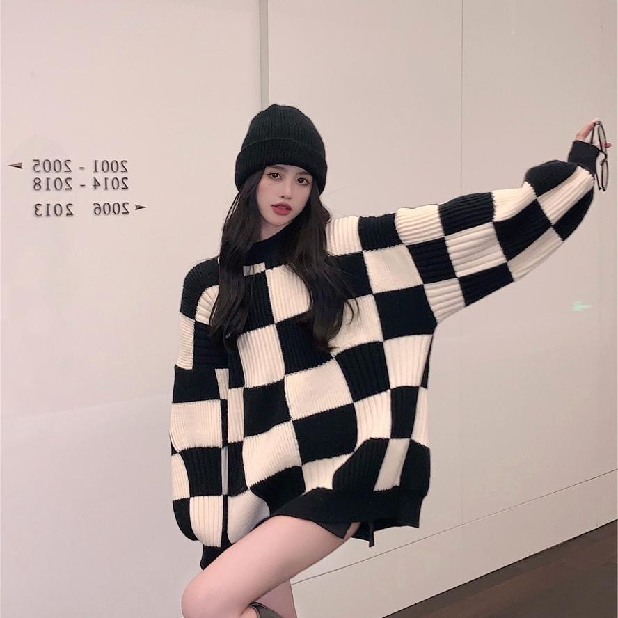 Áo Dệt Kim Thời Trang Thu Đông Ulzzang Kẻ Caro Dành Cho Nữ