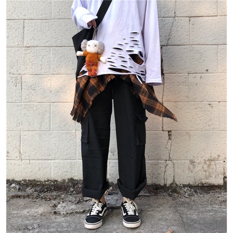 Áo thun dài tay 95% cotton rách gấu tạo layer màu basic hip hop unisex nam nữ