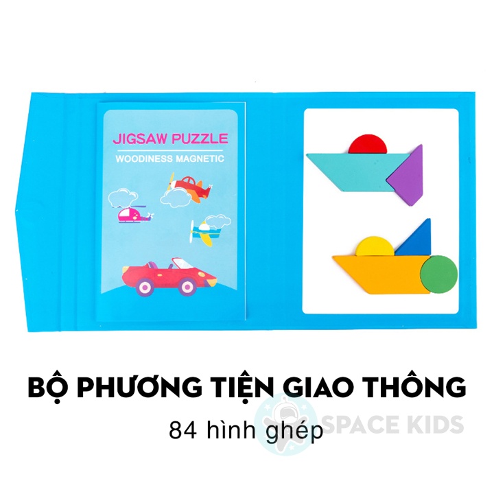 Đồ chơi trí tuệ cho bé Xếp hình gỗ Tangram nam châm có kèm sách, đồ chơi gỗ thông minh montessori