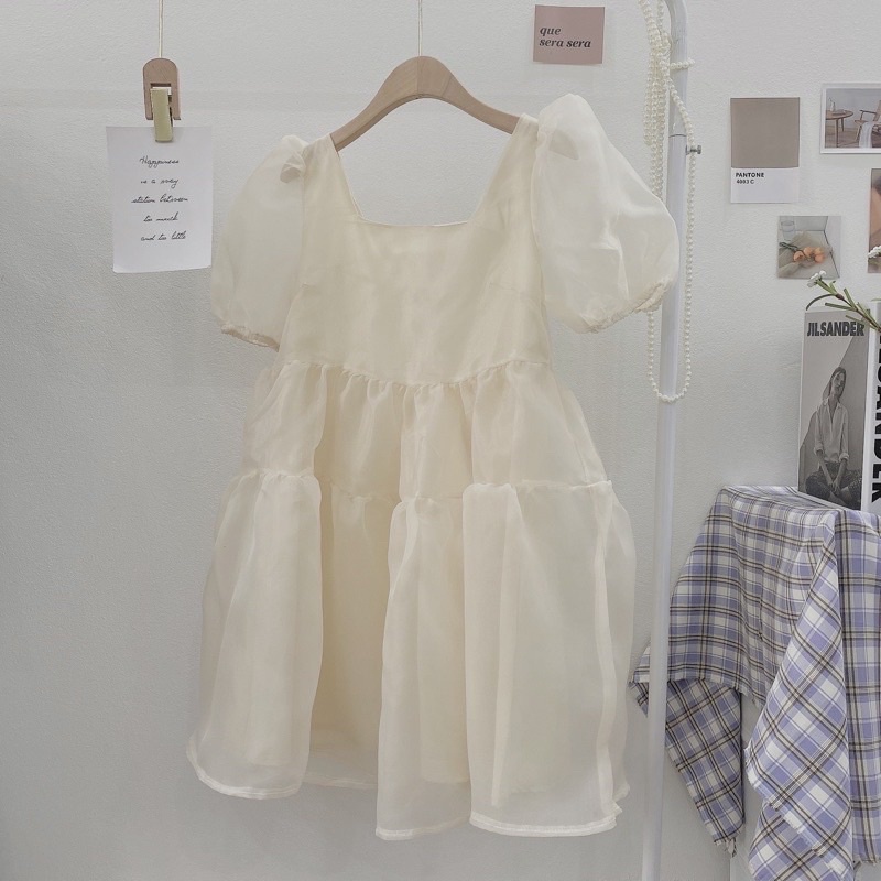 Váy babydoll tiểu thư voan tơ cổ vuông- đầm trễ vai công chúa phong cách ulzzang hàn quốc | BigBuy360 - bigbuy360.vn