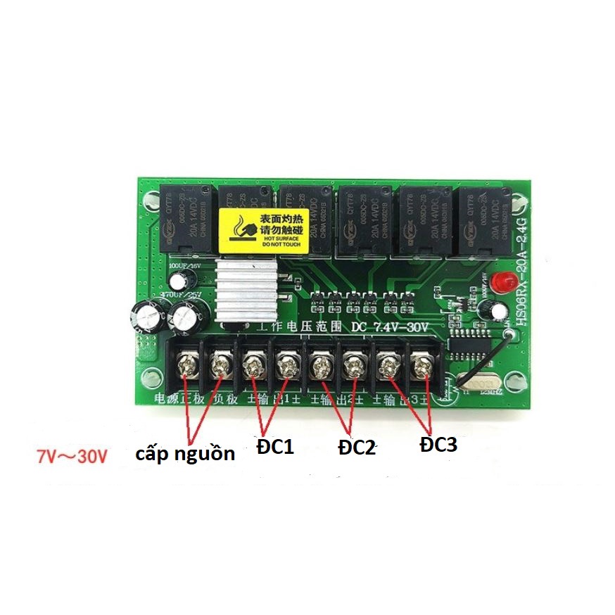 Bộ mạch thu phát điều khiển từ xa không dây 6 kênh 2.4G siêu công suất 7.4V-30V 20A dùng chế tạo tàu,xe điều khiển