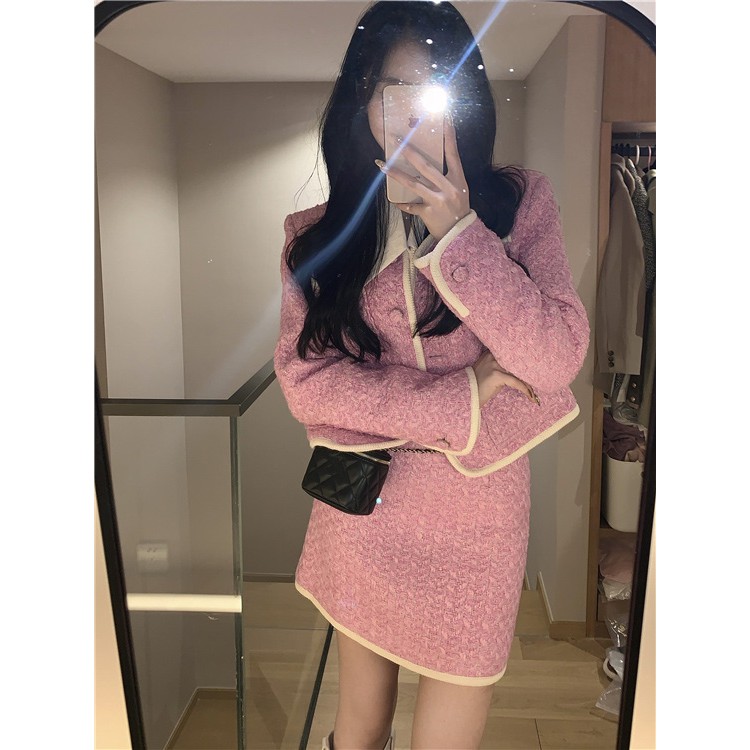 Set áo khoác kèm chân váy dạ tweed phong cách  Hàn Quốc