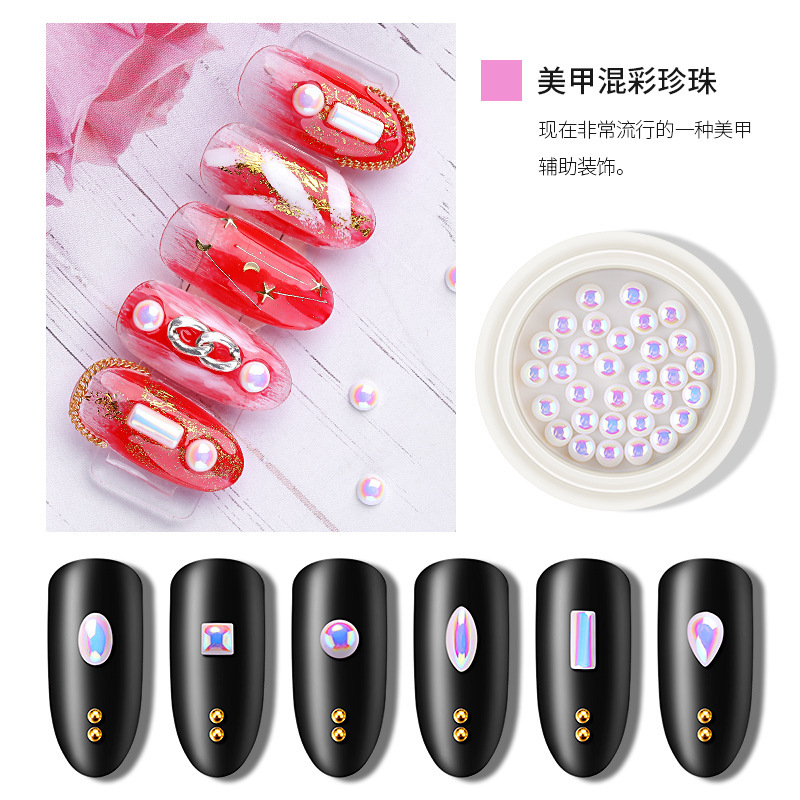 6 Styels Nail Art Jewelry Diamonds Electroplating Symphony Pearl Shaped AB Flat Bottom Semi-circle Flat Bottom Non-fading Pearl White