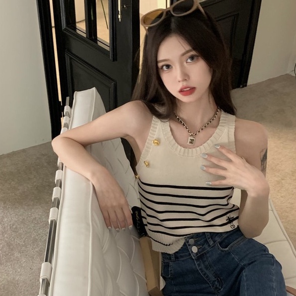 Áo hai dây ZHELIHANGFEI dệt kim họa tiết kẻ sọc phong cách quyến rũ