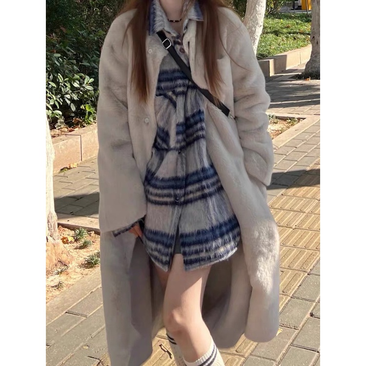 Áo Dạ Tweed Cổ Bẻ Form Rộng Siêu Sang Chảnh, Áo Sơ Mi Dạ Kẻ Xanh