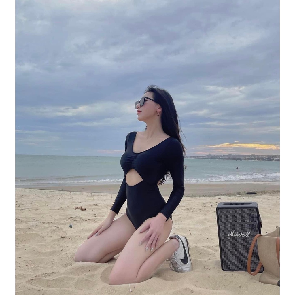 Bikini đi biển 1 mảnh, bộ đồ bơi jumsuit nữ tay dài khoét lưng khoét ngực