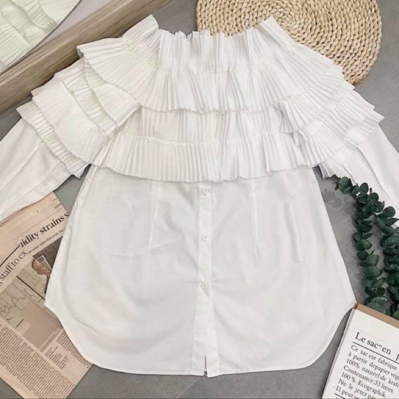 Đầm sơ mi trắng trễ vai tay dài bèo tầng suông giấu quần oversize - Order taobao quảng châu