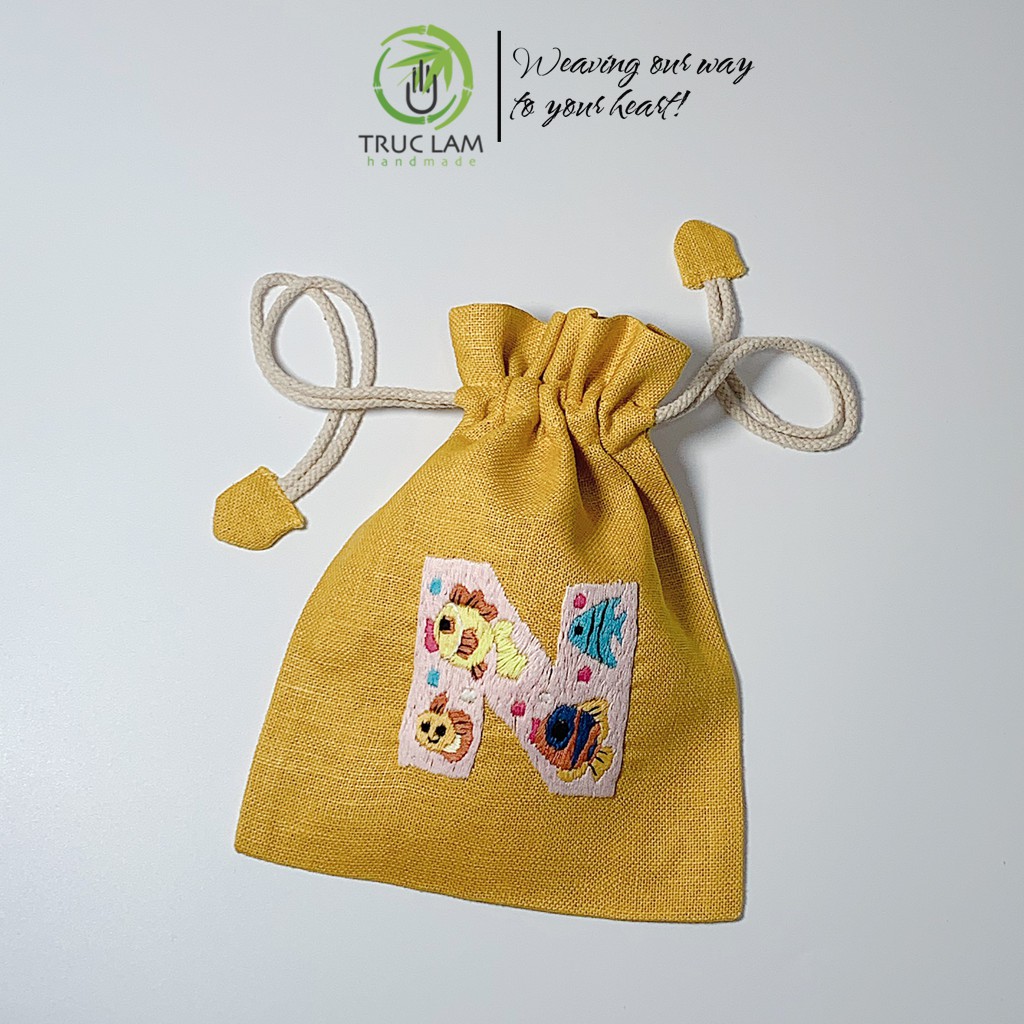 Túi Dây Rút Thêu Tay Họa Tiết Chữ Cái N Phối Hoa Văn Nhiều Màu Sắc - Trúc Lâm Handmade