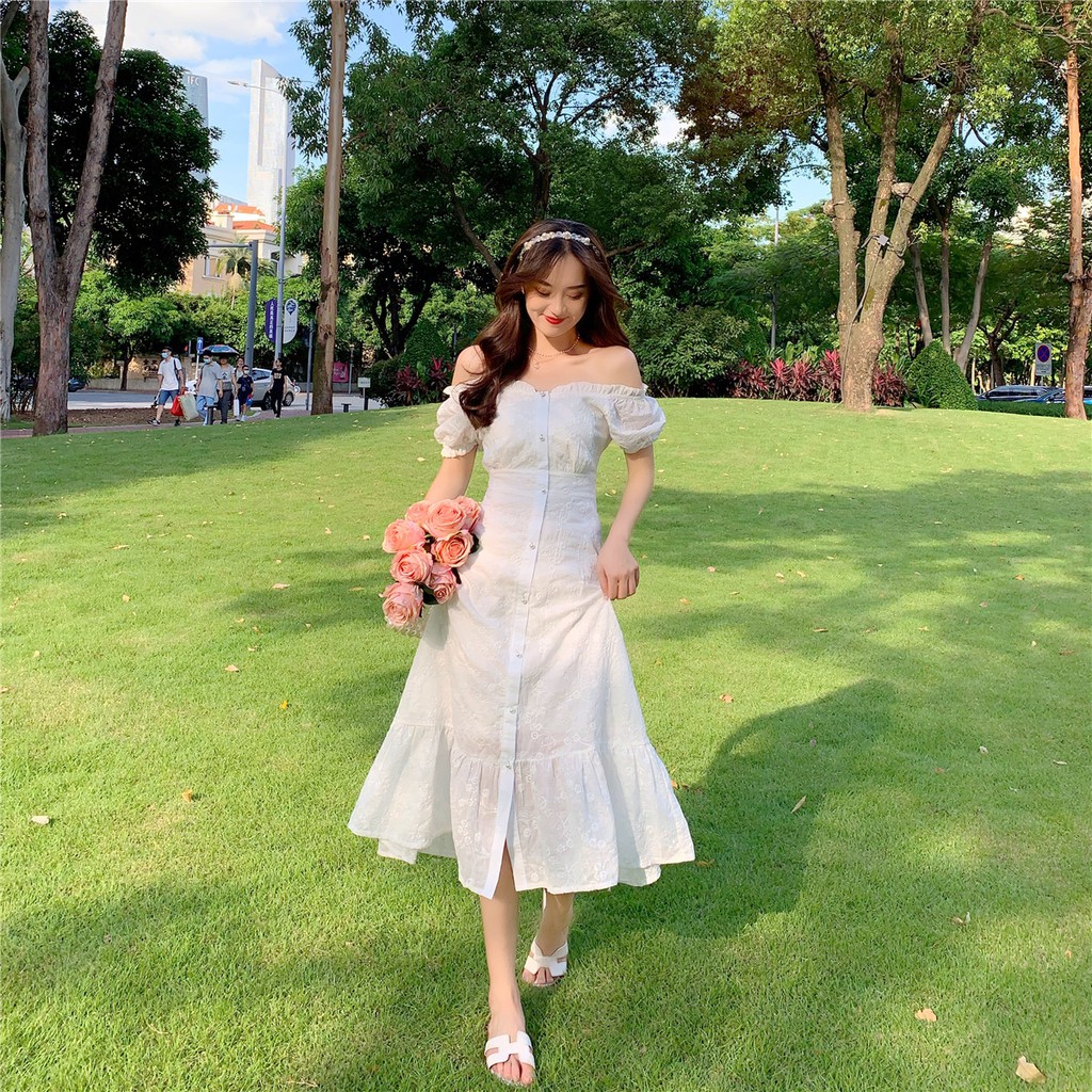 Đầm trắng tiểu thư trễ vai đuôi cá nữ tính ☁️ | BigBuy360 - bigbuy360.vn