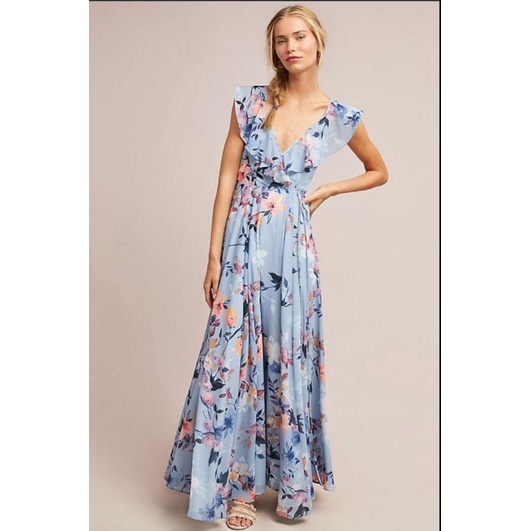 Đầm maxi hoa nhí viền bèo tà đắp chéo VNXK cổ khoét sâu hở ngực vs lưng sexy đầm đi biển xuất khẩu dư xịn