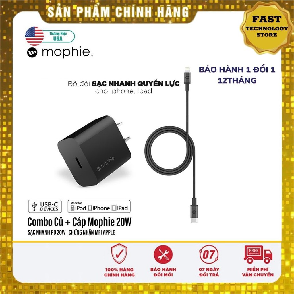 Bộ sạc nhanh 20w PD cho iphone 12 Ipad Mophie được chứng nhận MFI