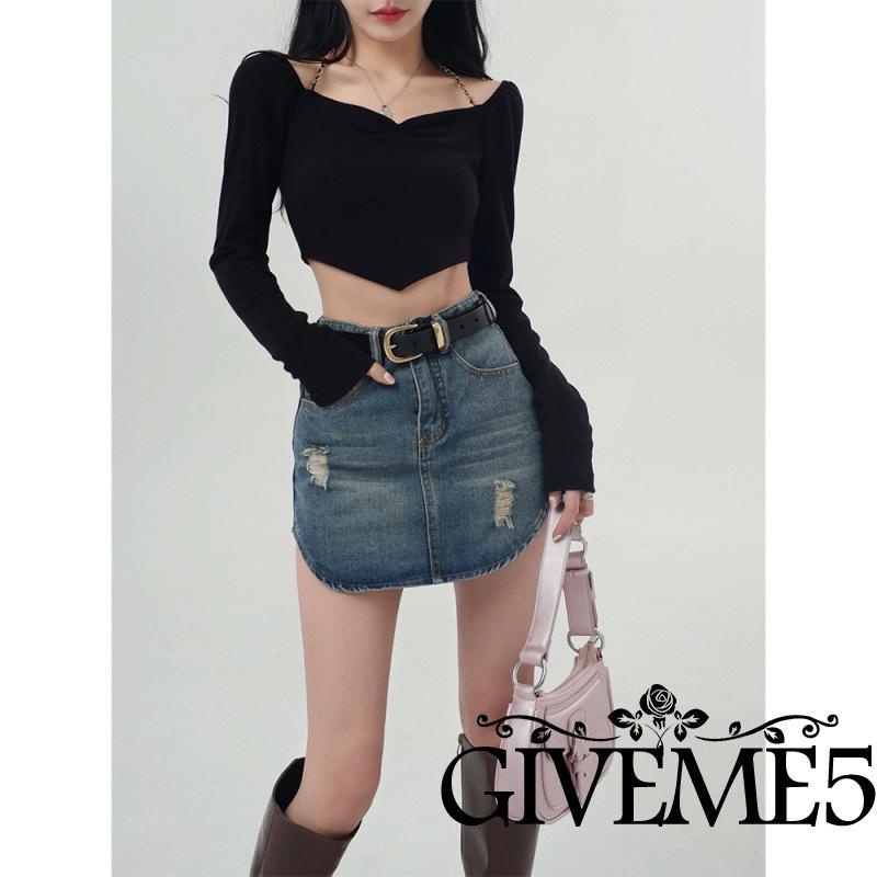 GIVEME-Women´s Crop Tops Chain Halter Shoulder Cutout Long Sleeve Irregular Hem Slim Fit Short Tops